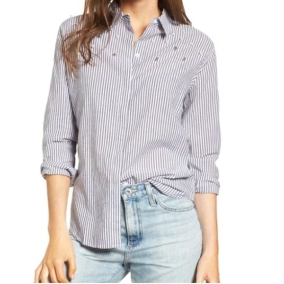 Rails "Taylor Florence Stripe Button Front Studded Pearls" XS Gray White #50L - Picture 11 of 11